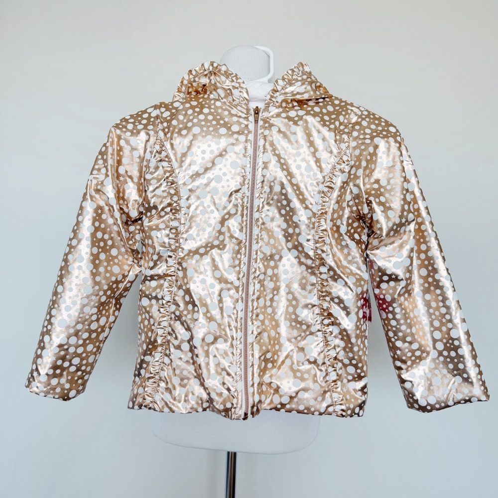 Penelope Mack Girls Coat Jacket Size 6X Gold White Polka Dots Hood Soft Interior
